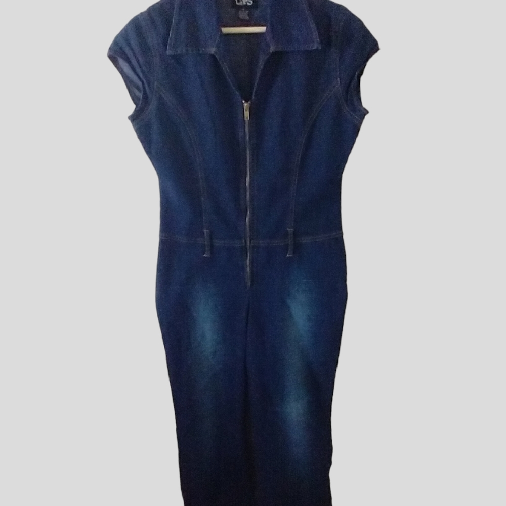Lips Women's Denim Jean Long Zip Up Jumpsuit Dark Blue Size Medium - Picture 2 of 12
